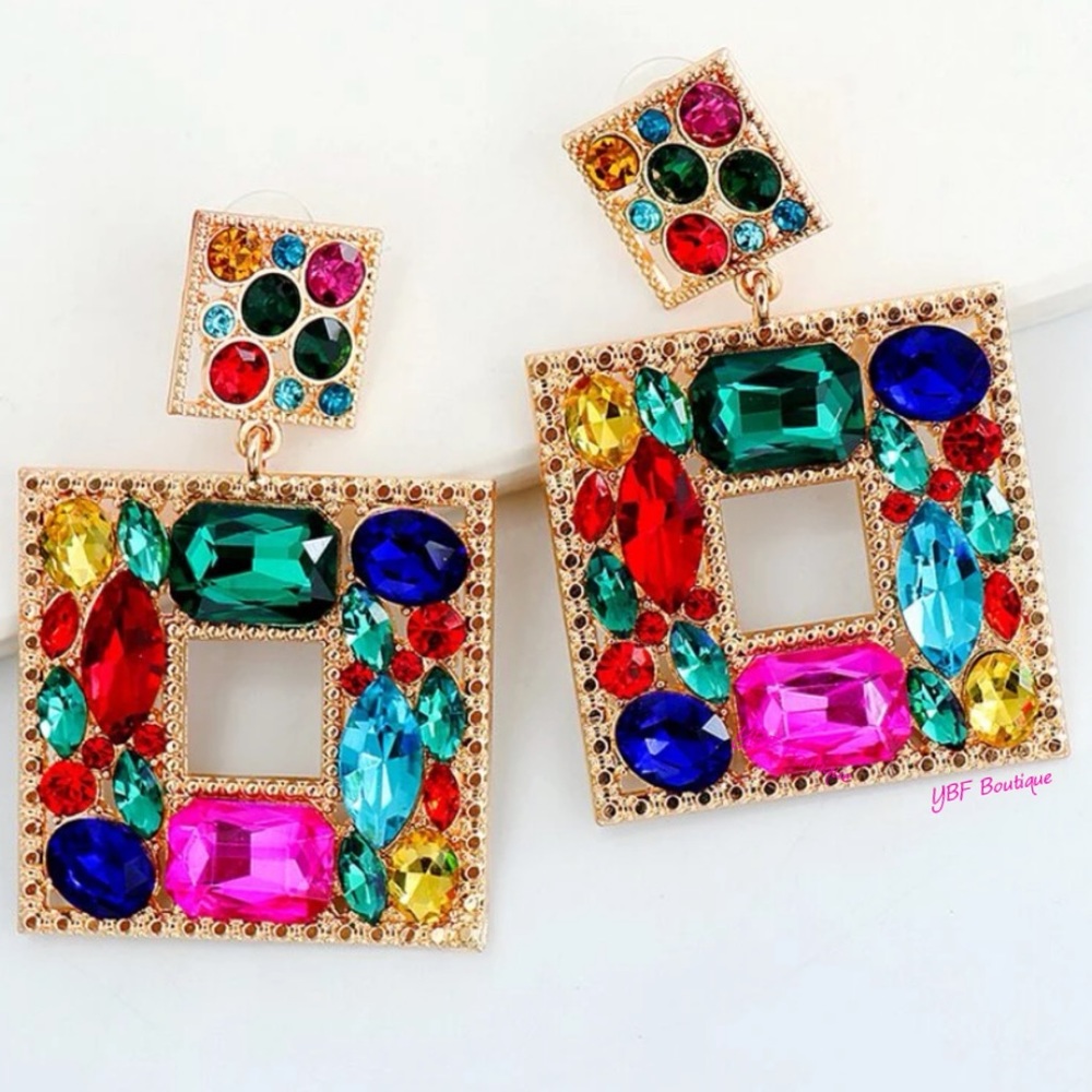 New Blue & Pink Multicolor Jewel Rhinestone Post Drop Statement Fashion Earrings - Picture 4 of 10